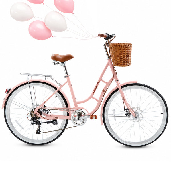 26 inch Beach Cruiser Bike for Women, Akaber 7 Speed Womens Commuter Bicycle with Rattan Basket, Lightweight Adults Bikes, Pink