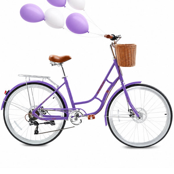 26 inch Beach Cruiser Bike for Women, Akaber 7 Speed Womens Commuter Bicycle with Rattan Basket, Lightweight Adults Bikes, Purple