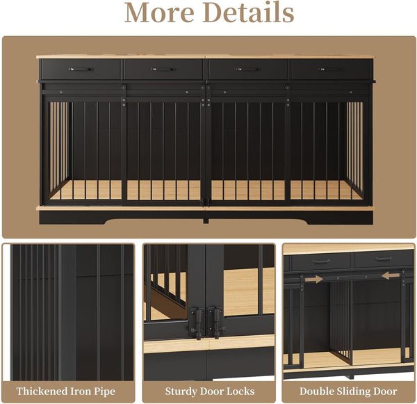 71" Extra Large Dog Crate Furniture, ICEELF Steel Frame Dog Crates with 4 Drawers, Divider, Sliding Barn Door for Small Medium Large Dogs, Indoor Luxury Double Dog Kennel Furniture for 2 Dogs