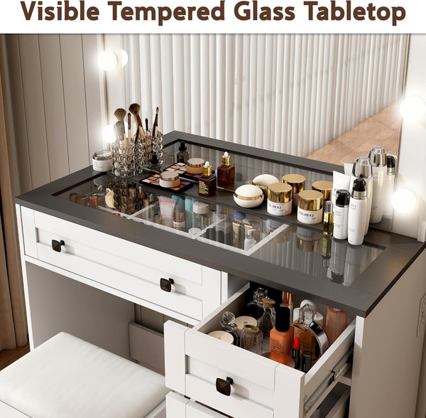 35.4" Makeup Vanity Desk with Mirror and Light,Glass Tabletop Farmhouse White Vanity with Power Outlet & 3 Drawers, 3 Color Lighting Mode, Bedroom Vanity Desk for Girl, Women