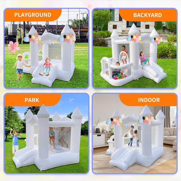 Wanan White Bounce House, 9FT Inflatable Bounce House for Kids, 840D Oxford Cloth Bounce House with Slide, Castle Style Bouncy House with Blower, Easy to Set up, Party & Birthday & Gift