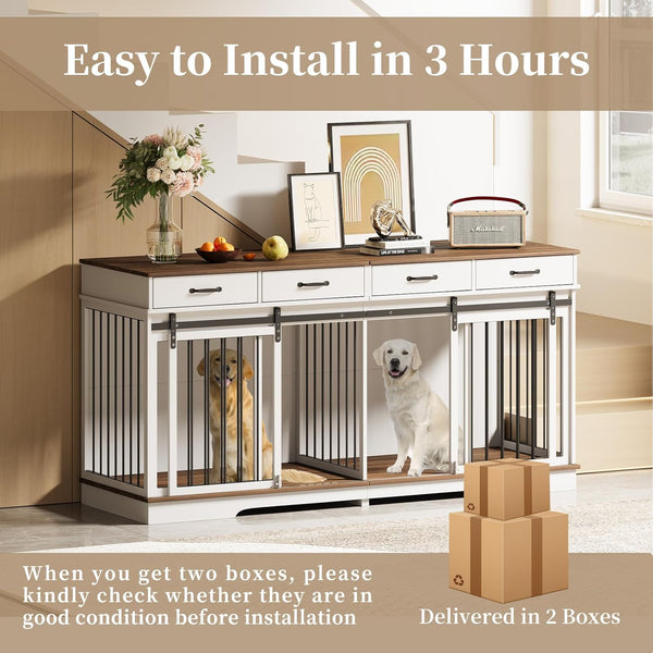 71" Extra Large Dog Crate Furniture, ICEELF Steel Frame Dog Crates with 4 Drawers, Divider, Sliding Barn Door for Small Medium Large Dogs, Indoor Luxury Double Dog Kennel Furniture for 2 Dogs