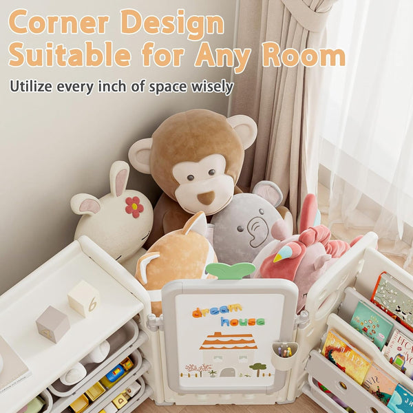 Kids Toy Storage Organizer with 10 Removable Bins, Foldable Toy Organizers and Storage with 3-Tier Bookshelf for Kids Toy Storage Organizer with Drawing Board