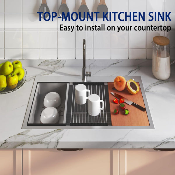 33 x 22 Inch Drop in Kitchen Sink, Pipleo 16 Gauge Stainless Steel Kitchen Sinks, 9 inch Deep Single Bow Kitchen Sink with Cutting Board, Colander, Roll-Up Rack, Workstation Sink for Kitchen