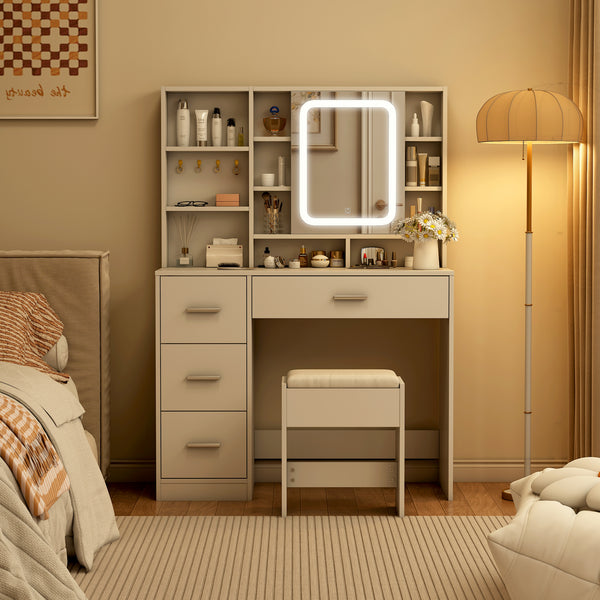 Makeup Vanity Desk with Lights and Mirror, 38.6" Modern White Vanity with 3 Drawers, 3 Color Lighting Mode, Bedroom Vanity Desk for Women, Girls