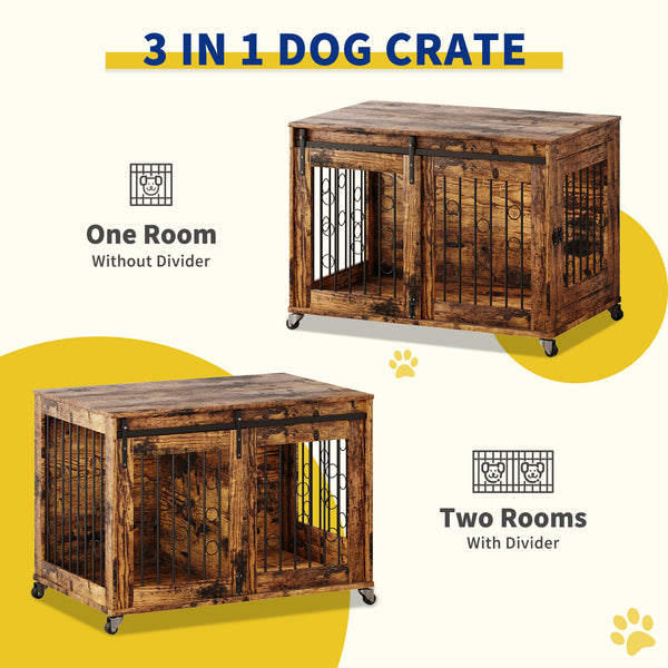 Stylish Dog Crate Furniture with Sliding Barn Door - 39'' Movable Crate with Wheels, Side Door, Detachable Divider, and Flip-Top Design for Small to Medium Dogs
