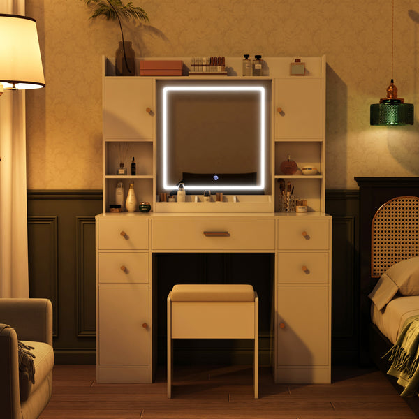 Makeup Vanity Desk with Lights and Mirror, 41.3" Modern White Vanity with 5 Drawers&Power Outlet, 3 Color Lighting Mode, Bedroom Vanity Desk for Women, Girls