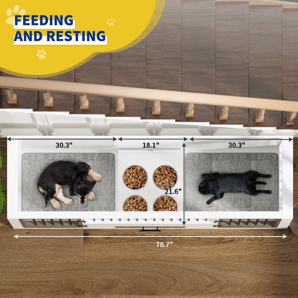 Dog Crate Furniture with 4 Stainless Steel Bowls, Wood Dog Crate End Table with Tray and Cushion, Double Dog Crate for 2 Dogs, Wooden Dog Cage Dog Kennel Indoor (Brown)