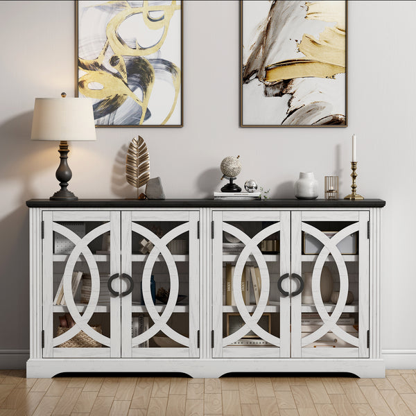 69" Coffee Bar Cabinet, Farmhouse Buffet Cabinet with 4 Glass Barn Doors