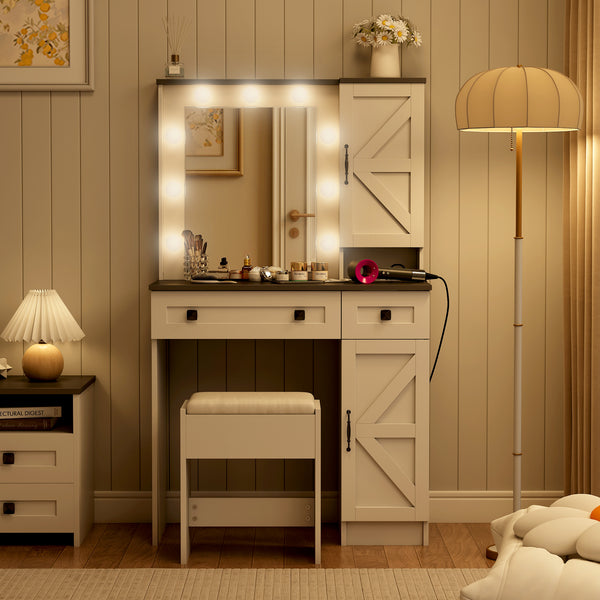 Makeup Vanity Desk with Lights and Mirror, 31.5" Farmhouse White Vanity with 2 Drawers&Power Outlet, 3 Color Lighting Mode, Bedroom Vanity Desk for Women, Girls