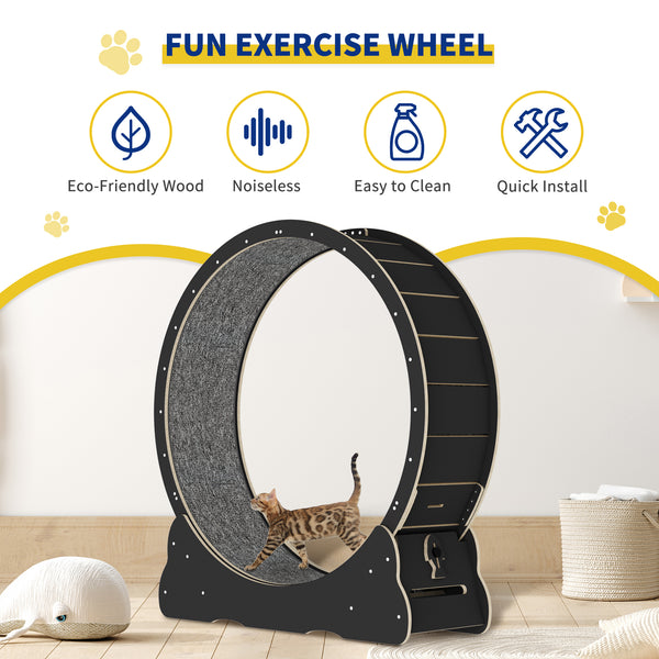 35.4'' Cat Exercise Wheel , with 2 Anti-Scratch Pads, Solid Wood Cat Wheel Exerciser for Indoor Cats for Walking, Running, Training