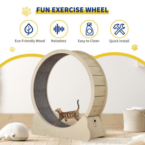 35.4'' Cat Exercise Wheel , with 2 Anti-Scratch Pads, Solid Wood Cat Wheel Exerciser for Indoor Cats for Walking, Running, Training