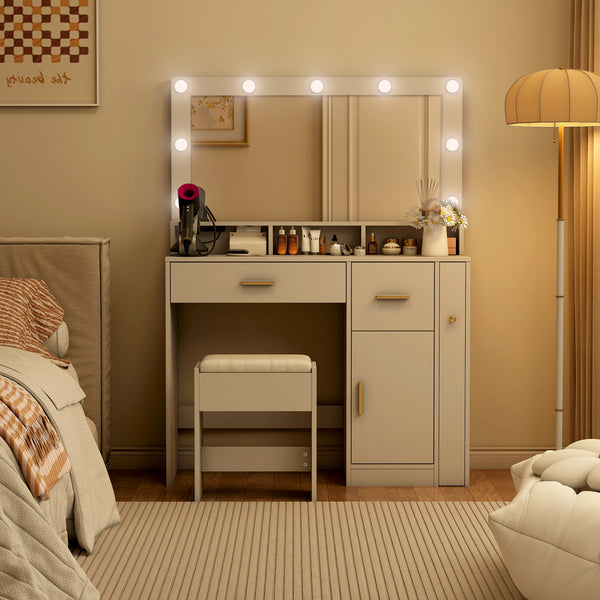 Makeup Vanity Desk with Lights and Mirror, 40.6'' White Vanity with 2 Drawers&Power Outlet, 3 Color Lighting Mode, Sliding Jewelry Storage, Bedroom Vanity Desk for Women, Girls