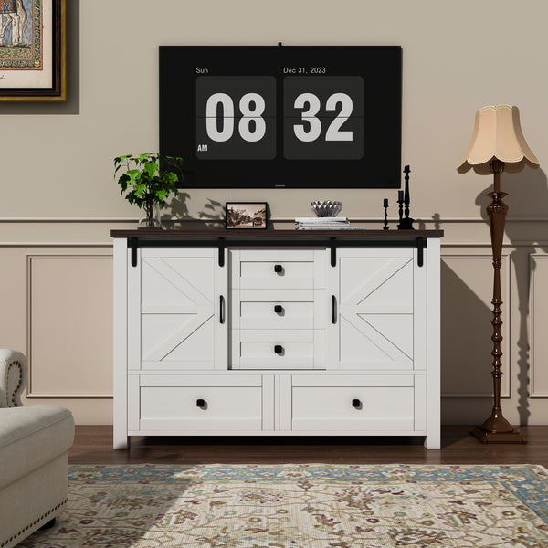 48" Farmhouse w/5 Drawers & 2 Sliding Barn Doors, Dressers& Chests of Drawers, 5 Drawer Dresser TV Stand for Bedroom, Living Room