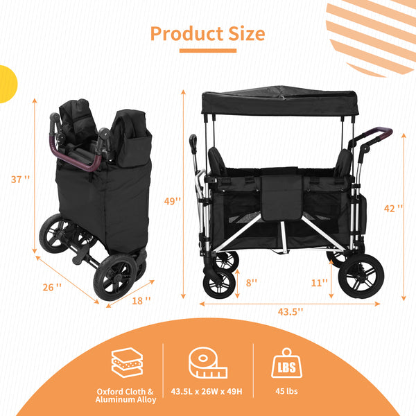 Stroller Wagon for 2 Kids, 2 seater wagon stroller with canopy(Black)