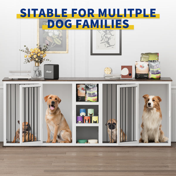 Large Dog Crate Furniture for 2 Dogs, 79.5'' Indoor Dog Kennel with Adjustable Shelves, All Steel Frame Heavy Duty Dog Crate with Wood Top, Double Dog Cage for Small Medium Large Dogs