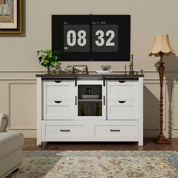 48" Farmhouse w/6 Drawers & Sliding Barn Doors, White Dressers& Chests of Drawers, 6 Drawer Dresser TV Stand for Bedroom, Living Room