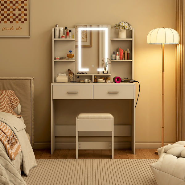 Makeup Vanity Desk with Lights and Mirror, 35.4" Modern White Vanity with 2 Drawers&Power Outlet, 3 Color Lighting Mode, Bedroom Vanity Desk for Women, Girls