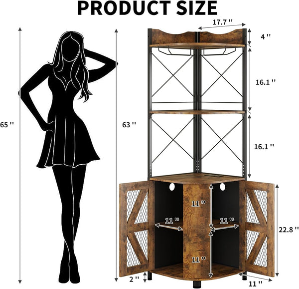 Corner Bar Cabinet with RGB LED Lights and Power Outlet, 63 Inch, 5-Tier Industrial Corner Wine Cabinet with Glass Holder, Corner Liquor Cabinet for Home, Coffee Bar Cabinet