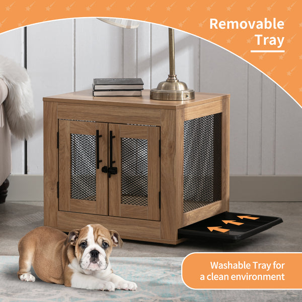 Wooden Dog Crate Furniture with Cushioned Tray and Double Doors - Stylish End Table for Small Dogs and Cats