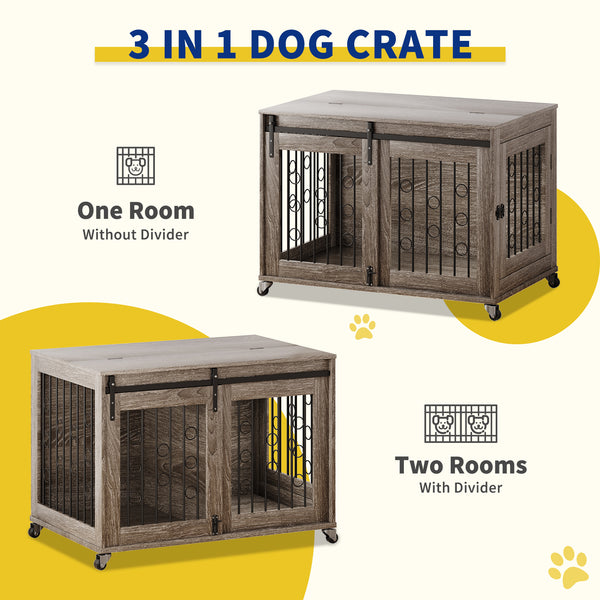 Stylish Dog Crate Furniture with Sliding Barn Door - 39'' Movable Crate with Wheels, Side Door, Detachable Divider, and Flip-Top Design for Small to Medium Dogs
