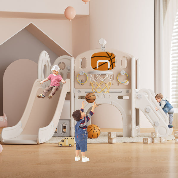 Toddler Slide, 8 in 1 Toddler Indoor Outdoor Playset with Slide, Climber, Basketball Hoop and Ball, Tunnel Crawl, Telescope and Storage Space, Kids Playground Sets for Backyards & Indoor