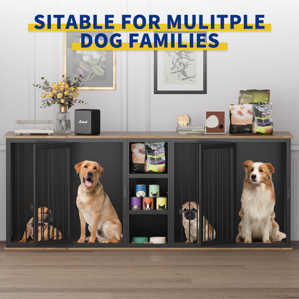 Large Dog Crate Furniture for 2 Dogs, 79.5'' Indoor Dog Kennel with Adjustable Shelves, All Steel Frame Heavy Duty Dog Crate with Wood Top, Double Dog Cage for Small Medium Large Dogs
