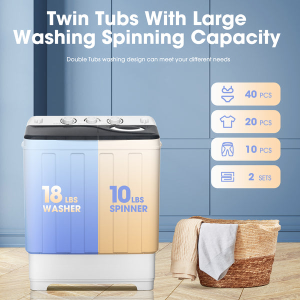 2-in-1 Portable 28lbs Capacity Timer Function Washing Machine & Spinner Dryer