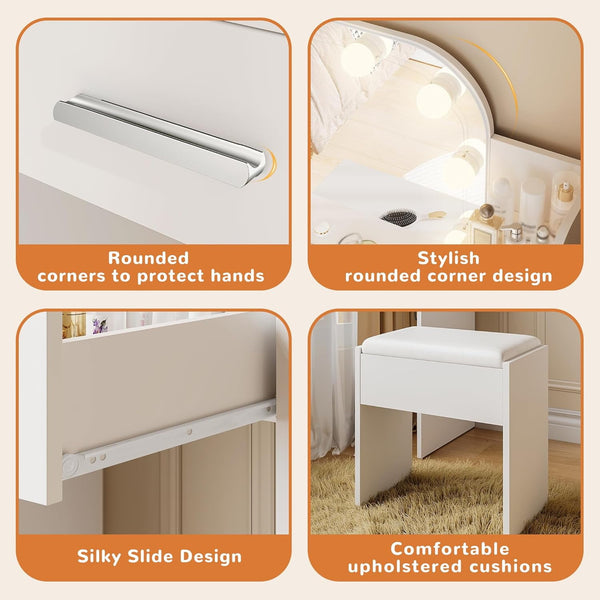 Pipleo 26.4" Small Makeup Vanity Set with Mirror and Lights, Modern Vanity Desk with Bench and Power Outlets