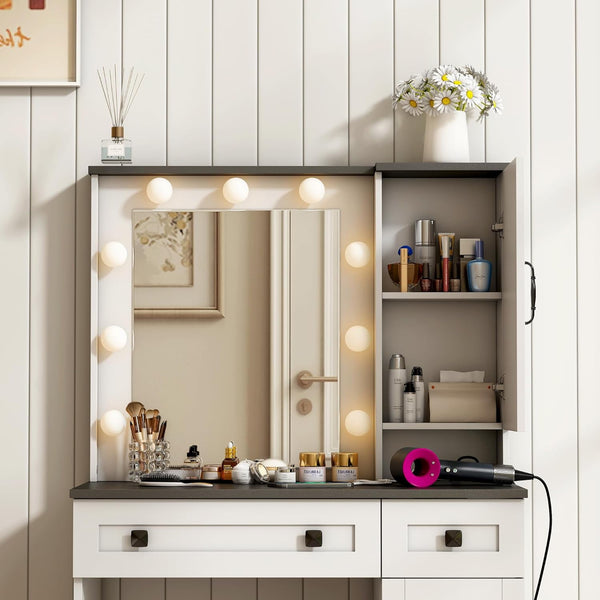 Vanity Desk with Mirror and Lights, 31.5" Farmhouse White Makeup Vanity Desk with Power Outlet, 2 Drawers & 2 Cabinets, 3 Color Lighting Mode, Bedroom Vanity Desk, Vanity Desk with Lighted Mirror