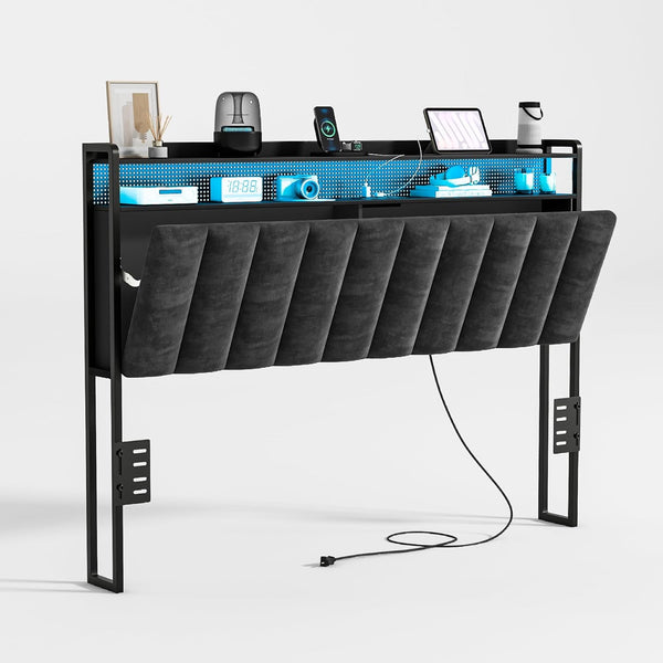 Akaber Queen Size Headboard only, Upholstered Headboard for Bed with Hidden Storage and Charging Station, LED Lights, Adjustable, Easy Assembly, Black (Queen (U.S. Standard))