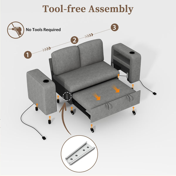 Pipleo 2 Seats Sectional Sleeper Sofa with Pull Out Couch Bed, Modular Cloud Couch with Dual Arm Storage, USB Charging and Adjustable Backrest Sofa
