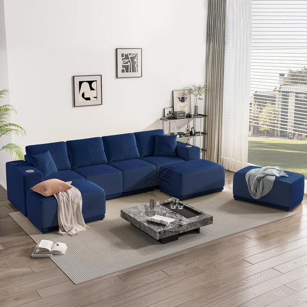 Akaber 130" Modular Sectional Sofa with U-Shape Chaise, 4-Seater Comfy Cloud Couch with Movable Ottoman, Deep Seat Couches for Living Room with Throw Pillows, Lake Blue