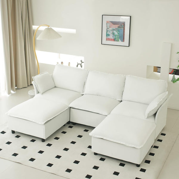 Akaber 100" U-Shaped Cloud Sectional Sofa, Modular Velvet Convertible Sofa Bed with Storage,Plush Living Room Couch (White)