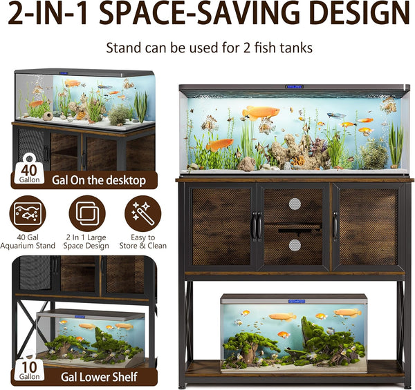 40 Gallon Fish Tank Stand with Power Outlets, Metal Aquarium Stand with 4 in 1 Storage Shelves for Accessories Storage, Reptile Tank Turtle Terrariums Table, 1060 LBS Capacity