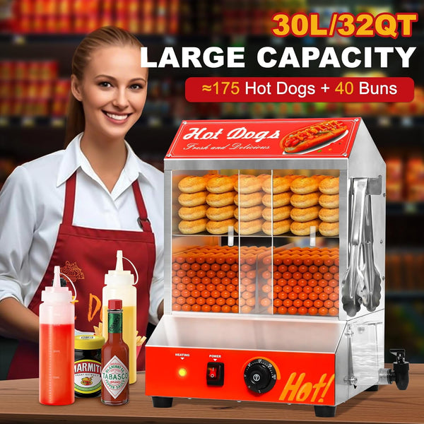 Pipleo 32QT Hot Dog Steamer, 1000W, 30 L, Holds 175 Hotdogs and 40 Buns, Commercial Hot Dog Steamer