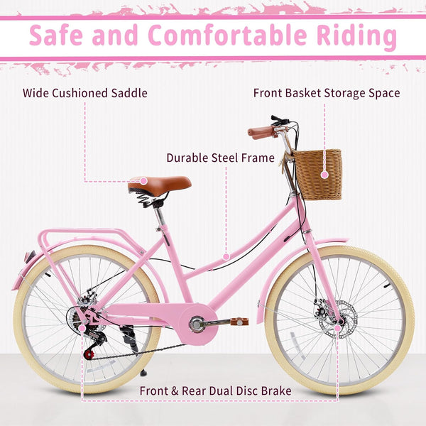 DEYGIA Kids Bike, 20 Inch 7-Speed Retro Cruiser Girl Bike, Kids Bicycles for Ages 6-15 Girls Youth with Rattan Basket, Dual-Disc Brake Carbon Steel Frame Lightweight Bicycle, Easy Assembly