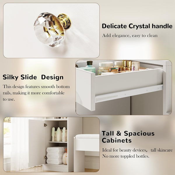 53" White Vanity Set with Mirror and Lights, Akaber Makeup Vanity Desk with Chair and Charging Station for Bedroom
