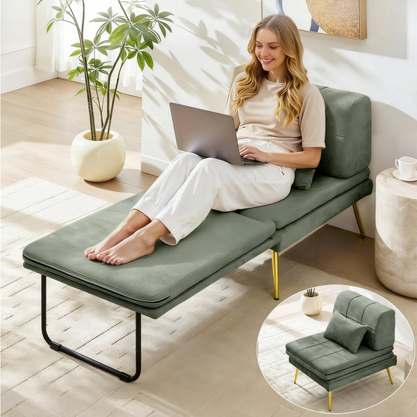 3-in-1 Convertible Sofa Bed, NEORIVERE Chenille Futon Sleeper Chair with Back Support & Pillow, Daybed with Solid Wood Frame & Metal Legs, Foldable Guest Bed for Living Room Bedroom Small Space