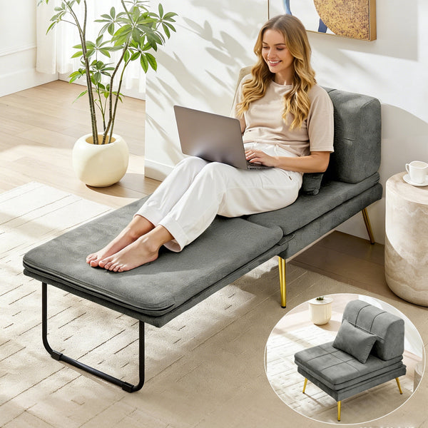 3-in-1 Convertible Sofa Bed, NEORIVERE Chenille Futon Sleeper Chair with Back Support & Pillow, Daybed with Solid Wood Frame & Metal Legs, Foldable Guest Bed for Living Room Bedroom Small Space