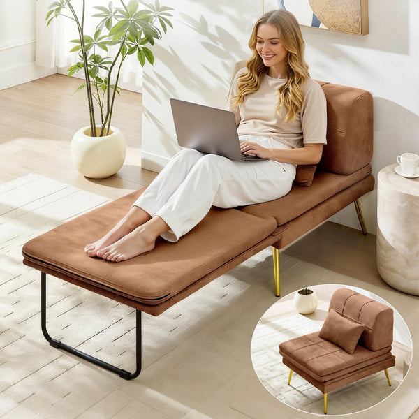 3-in-1 Convertible Sofa Bed, NEORIVERE Chenille Futon Sleeper Chair with Back Support & Pillow, Daybed with Solid Wood Frame & Metal Legs, Foldable Guest Bed for Living Room Bedroom Small Space