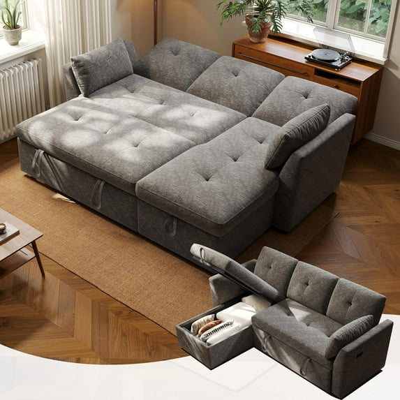 3-in-1 Sleeper Sofa with Storage Chaise Lounge, Pipleo 82" Convertible Sectional Sofa Bed, USB Charging, Modern Living Room Furniture, Quick Assembly