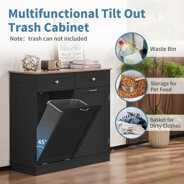Tilt Out Trash Cabinet 10 Gallon, Kitchen Trash Can Cabinet with 2 Hideaway Drawers & Adjustable Shelf, Freestanding Trash Cabinet for Living Room, Bathroom, Laundry