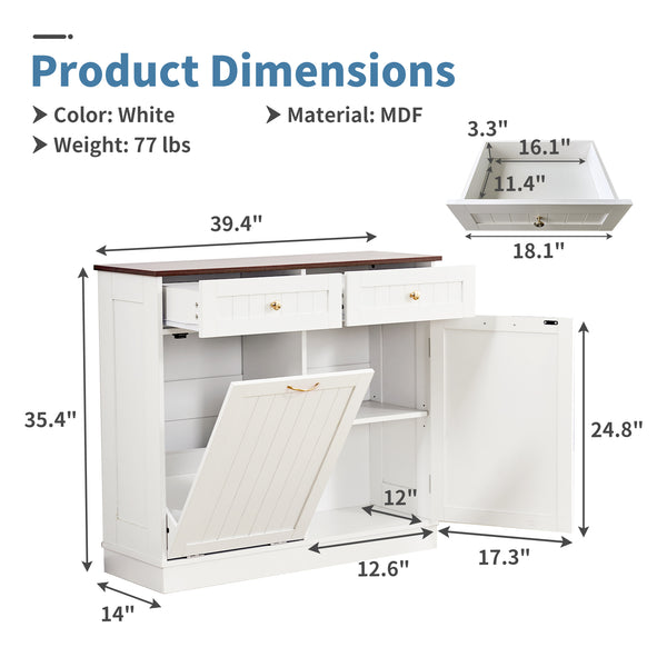 Tilt Out Trash Cabinet 10 Gallon, Kitchen Trash Can Cabinet with 2 Hideaway Drawers & Adjustable Shelf, Freestanding Trash Cabinet for Living Room, Bathroom, Laundry