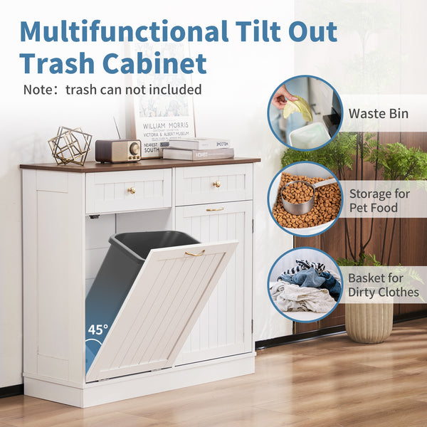 Tilt Out Trash Cabinet 10 Gallon, Kitchen Trash Can Cabinet with 2 Hideaway Drawers & Adjustable Shelf, Freestanding Trash Cabinet for Living Room, Bathroom, Laundry