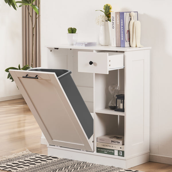 Tilt Out Trash Cabinet 10 Gallon, Trash Can Cabinet with 2 Storage Areas for Kitchen, Living Room, Bathroom, Freestanding Trash Cabinet with Hideaway Drawer