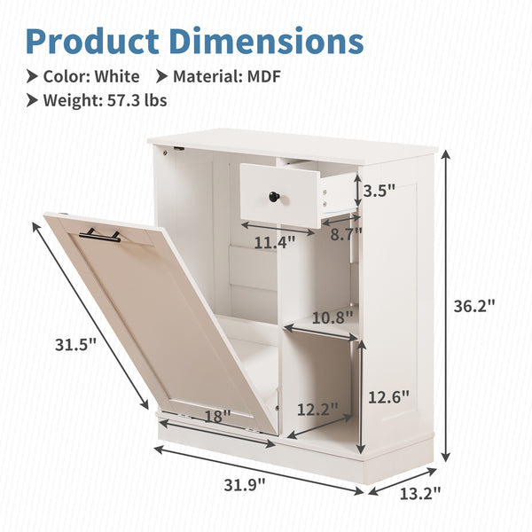 Tilt Out Trash Cabinet 10 Gallon, Trash Can Cabinet with 2 Storage Areas for Kitchen, Living Room, Bathroom, Freestanding Trash Cabinet with Hideaway Drawer