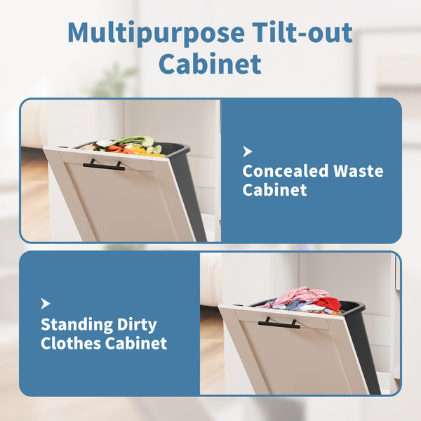 Tilt Out Trash Cabinet 10 Gallon, Trash Can Cabinet with 2 Storage Areas for Kitchen, Living Room, Bathroom, Freestanding Trash Cabinet with Hideaway Drawer