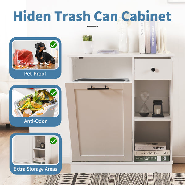Tilt Out Trash Cabinet 10 Gallon, Trash Can Cabinet with 2 Storage Areas for Kitchen, Living Room, Bathroom, Freestanding Trash Cabinet with Hideaway Drawer
