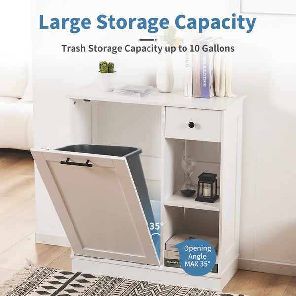 Tilt Out Trash Cabinet 10 Gallon, Trash Can Cabinet with 2 Storage Areas for Kitchen, Living Room, Bathroom, Freestanding Trash Cabinet with Hideaway Drawer